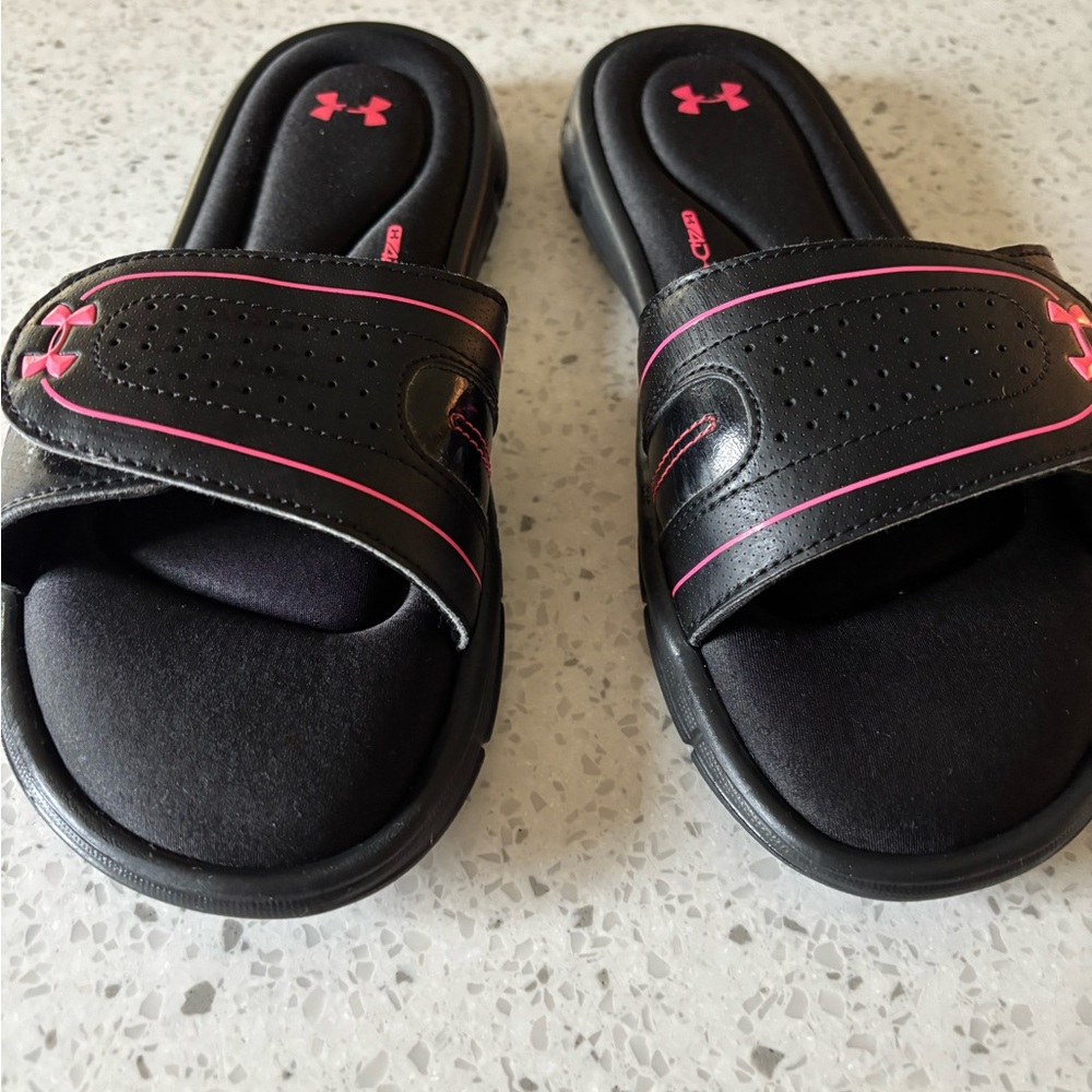 Under Armour Black and Pink Slide Sandals